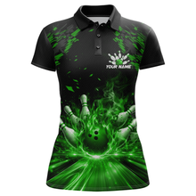 Load image into Gallery viewer, Custom Green Flame Bowling Team Shirt for Women Polo &amp; 1/4-Zip Bowling Jersey Bowling League Uniform QZT866