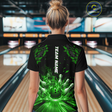Load image into Gallery viewer, Custom Green Flame Bowling Team Shirt for Women Polo &amp; 1/4-Zip Bowling Jersey Bowling League Uniform QZT866