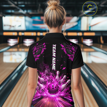 Load image into Gallery viewer, Custom Pink Flame Bowling Team Shirt for Women Polo &amp; 1/4-Zip Bowling Jersey Bowling League Uniform QZT866