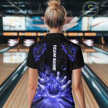 Load image into Gallery viewer, Custom Blue Flame Bowling Team Shirt for Women Polo &amp; 1/4-Zip Bowling Jersey Bowling League Uniform QZT866