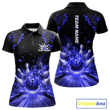 Load image into Gallery viewer, Custom Blue Flame Bowling Team Shirt for Women Polo &amp; 1/4-Zip Bowling Jersey Bowling League Uniform QZT866