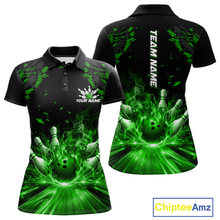 Load image into Gallery viewer, Custom Green Flame Bowling Team Shirt for Women Polo &amp; 1/4-Zip Bowling Jersey Bowling League Uniform QZT866