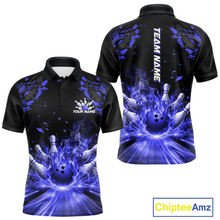 Load image into Gallery viewer, Custom Blue Flame Bowling Team Shirt for Men Polo &amp; 1/4-Zip Bowling Jersey Bowling League Uniform QZT866