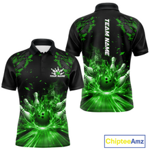 Load image into Gallery viewer, Custom Green Flame Bowling Team Shirt for Men Polo &amp; 1/4-Zip Bowling Jersey Bowling League Uniform QZT866