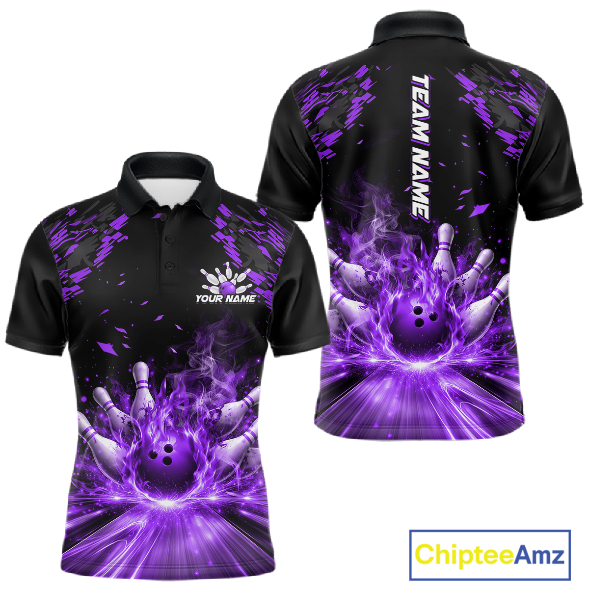 Custom Purple Flame Bowling Team Shirt for Men Polo & 1/4-Zip Bowling Jersey Bowling League Uniform QZT866