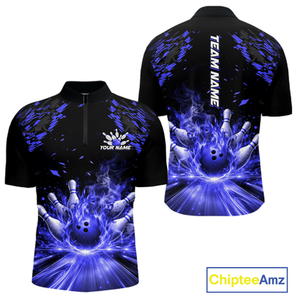 Custom Blue Flame Bowling Team Shirt for Men Polo & 1/4-Zip Bowling Jersey Bowling League Uniform QZT866