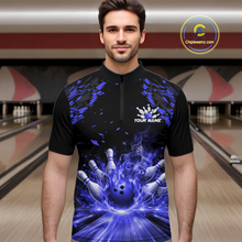 Load image into Gallery viewer, Custom Blue Flame Bowling Team Shirt for Men Polo &amp; 1/4-Zip Bowling Jersey Bowling League Uniform QZT866