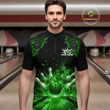 Load image into Gallery viewer, Custom Green Flame Bowling Team Shirt for Men Polo &amp; 1/4-Zip Bowling Jersey Bowling League Uniform QZT866