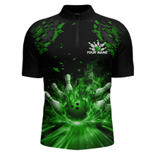 Load image into Gallery viewer, Custom Green Flame Bowling Team Shirt for Men Polo &amp; 1/4-Zip Bowling Jersey Bowling League Uniform QZT866