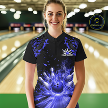 Load image into Gallery viewer, Custom Blue Flame Bowling Team Shirt for Women Polo &amp; 1/4-Zip Bowling Jersey Bowling League Uniform QZT866