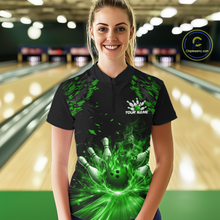 Load image into Gallery viewer, Custom Green Flame Bowling Team Shirt for Women Polo &amp; 1/4-Zip Bowling Jersey Bowling League Uniform QZT866