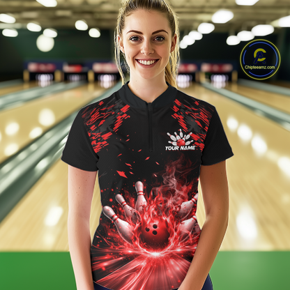 Custom Red Flame Bowling Team Shirt for Men Polo & 1/4-Zip Bowling Jersey Bowling League Uniform QZT866