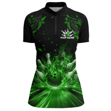 Load image into Gallery viewer, Custom Green Flame Bowling Team Shirt for Women Polo &amp; 1/4-Zip Bowling Jersey Bowling League Uniform QZT866