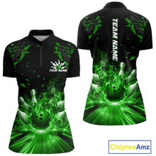Load image into Gallery viewer, Custom Green Flame Bowling Team Shirt for Women Polo &amp; 1/4-Zip Bowling Jersey Bowling League Uniform QZT866