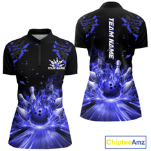 Load image into Gallery viewer, Custom Blue Flame Bowling Team Shirt for Women Polo &amp; 1/4-Zip Bowling Jersey Bowling League Uniform QZT866