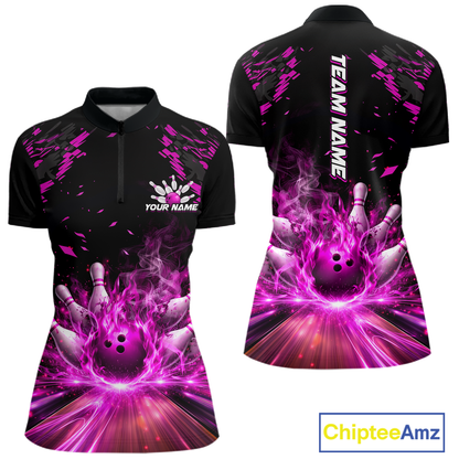 Custom Pink Flame Bowling Team Shirt for Women Polo & 1/4-Zip Bowling Jersey Bowling League Uniform QZT866