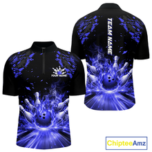 Load image into Gallery viewer, Custom Blue Flame Bowling Team Shirt for Men Polo &amp; 1/4-Zip Bowling Jersey Bowling League Uniform QZT866