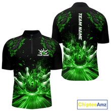 Load image into Gallery viewer, Custom Green Flame Bowling Team Shirt for Men Polo &amp; 1/4-Zip Bowling Jersey Bowling League Uniform QZT866