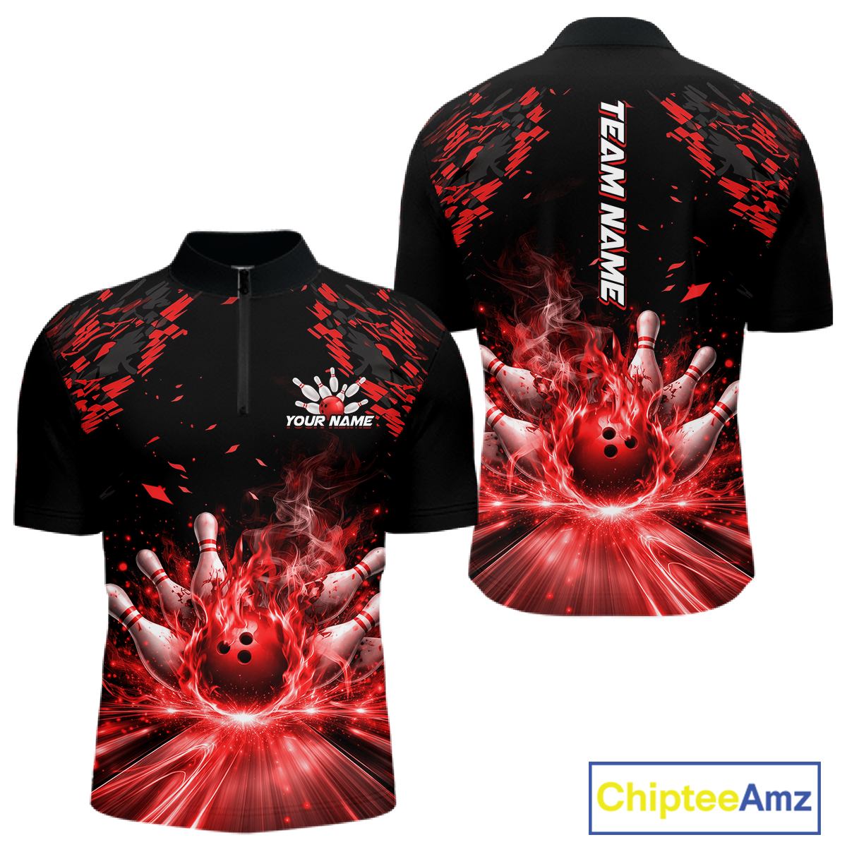 Custom Red Flame Bowling Team Shirt for Men Polo & 1/4-Zip Bowling Jersey Bowling League Uniform QZT866