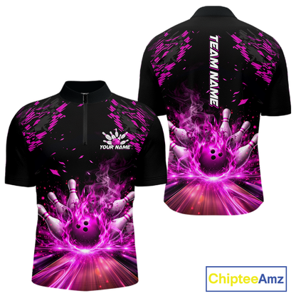 Custom Pink Flame Bowling Team Shirt for Men Polo & 1/4-Zip Bowling Jersey Bowling League Uniform QZT866