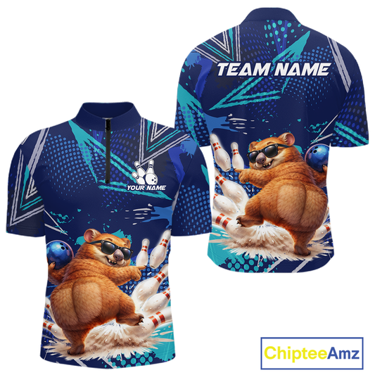 Custom Funny Wombat Bowling Team Shirt Navy Bowling Jersey for Men Bowling Performance QZT924