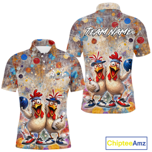 Custom Funny Chicken Bowling Team Shirt for Men Colorful Bowling Buddy Shirt Polo & 1/4 Bowling Outfit QZT955