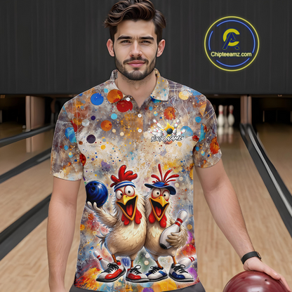 Custom Funny Chicken Bowling Team Shirt for Men Colorful Bowling Buddy Shirt Polo & 1/4 Bowling Outfit QZT955