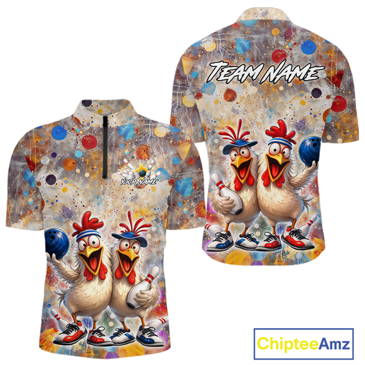 Custom Funny Chicken Bowling Team Shirt for Men Colorful Bowling Buddy Shirt Polo & 1/4 Bowling Outfit QZT955