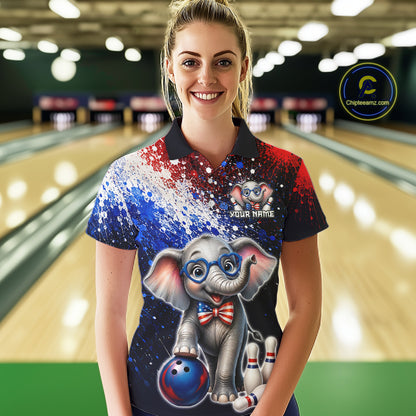 Woman wearing custom American Flag elephant bowling polo shirt, front view mockup, personalized bowling league jersey.