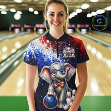 Load image into Gallery viewer, Woman wearing custom American Flag elephant bowling 1/4 zip shirt, front view mockup, personalized bowling league jersey.