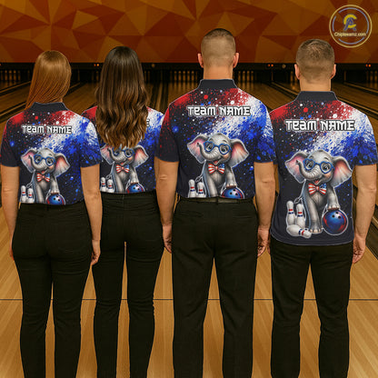 Bowling team wearing custom American Flag elephant bowling shirts, group back view mockup, personalized team jerseys.