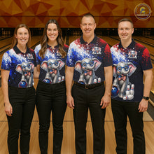 Load image into Gallery viewer, Bowling team wearing custom American Flag elephant bowling shirts, group front view mockup, personalized team jerseys.
