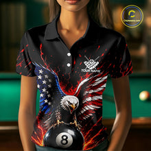 Load image into Gallery viewer, Person wearing a black polo shirt with an eagle and pool ball design, with 'Your Name' text.