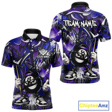 Load image into Gallery viewer, Purple and blue polo shirt with billiard ball design and 'Team Name' text, featuring Chiptee Amz branding.