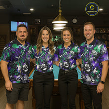 Load image into Gallery viewer, Four people wearing matching billiard shirts in a billiard room.