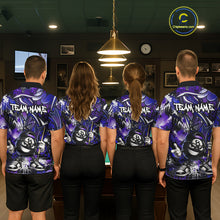 Load image into Gallery viewer, Four people wearing matching purple bowling shirts with a team name on a bowling alley.