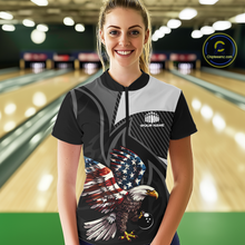 Load image into Gallery viewer, Custom American Flag Eagle Bowling Polo Shirt Quarter-Zip Bowling Jersey for Women QZT819