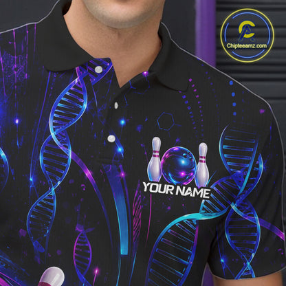 Close-up collar view of custom Neon DNA bowling polo shirt with personalized name detail.