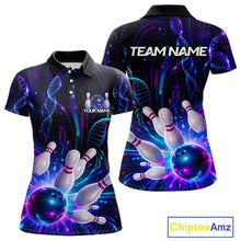 Load image into Gallery viewer, Custom Neon DNA bowling polo shirt, front and back views, bowling league jersey for women