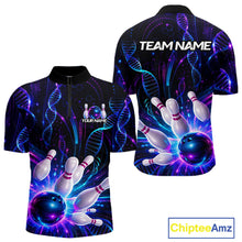 Load image into Gallery viewer, Custom Neon DNA bowling quarter-zip shirt, front and back views, bowling league jersey for men