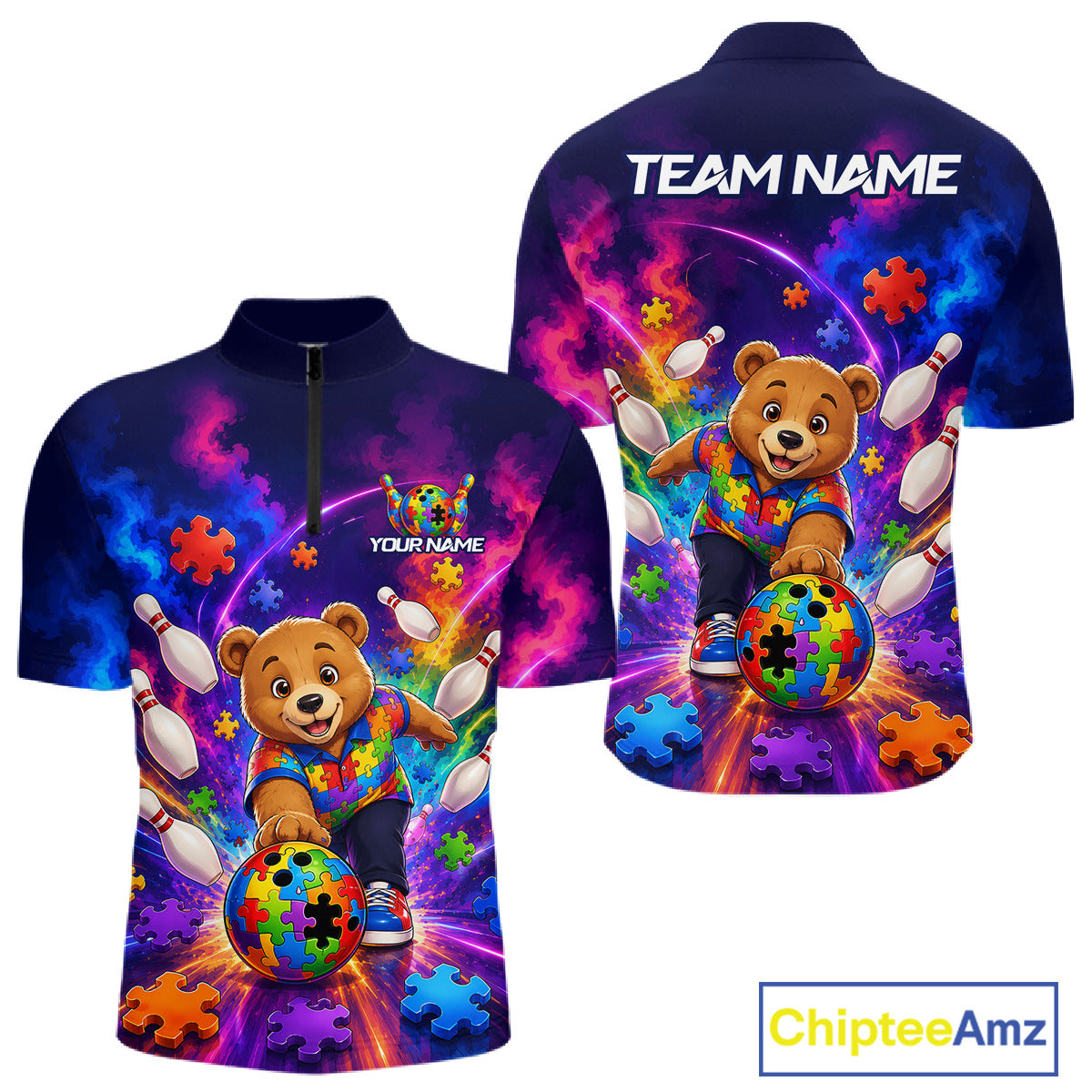 Colorful Autism Bear Bowling Shirt Custom Bowling Jersey League for Men Polo & Quarter-Zip QZT1052