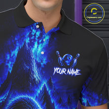 Load image into Gallery viewer, Black polo shirt with blue mountain design and bowling ball graphic, featuring 'Your Name' text.