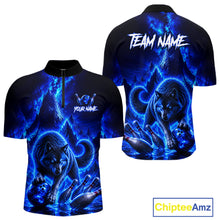 Load image into Gallery viewer, Black and blue shirt with wolf design and 'Team Name' text on a white background
