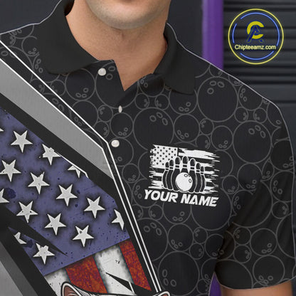 Close-up front view of custom black patriotic cat bowling polo shirt showing Your Name, cute cartoon cat graphic and American flag design