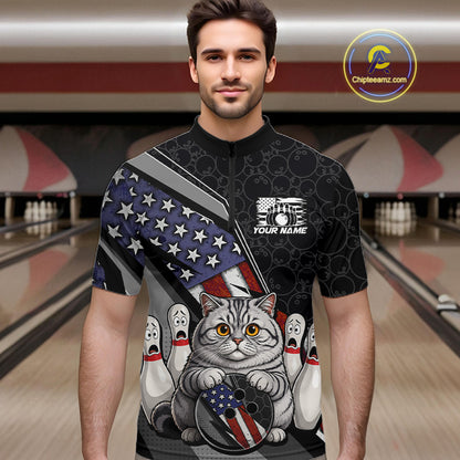 A man wearing a short-sleeve bowling-themed graphic shirt with a cat holding a bowling ball and bowling pins, set against a bowling alley background. 