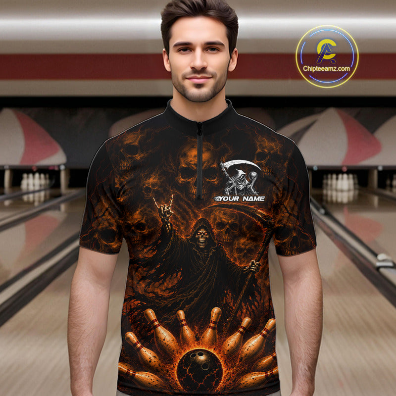 A man wearing a black short-sleeve cycling jersey with a fiery grim reaper graphic and bowling pin details, set against a blurred bowling alley background. 