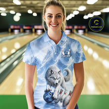 Load image into Gallery viewer, Woman wearing a bowling shirt with a wolf design in a bowling alley.