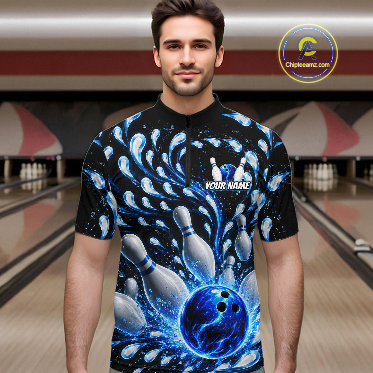 Man wearing a custom bowling shirt with a blue and white design in a bowling alley.