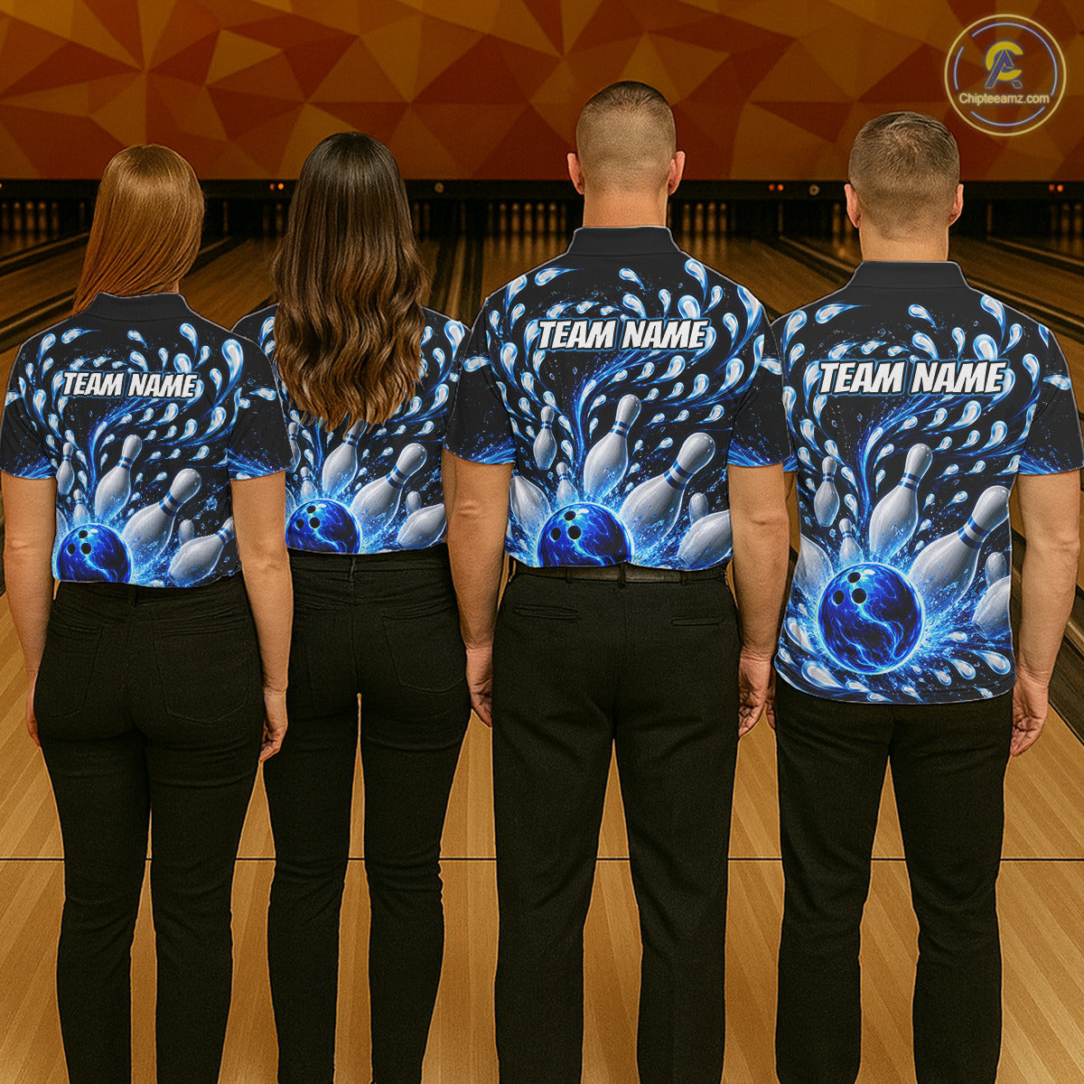 Four people wearing matching bowling shirts with 'TEAM NAME' on a bowling alley.