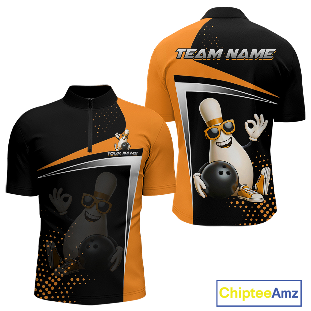 Custom Orange Funny Bowling Pin Shirt for Men Bowling Team League Jersey Bowling Outfit QZT817